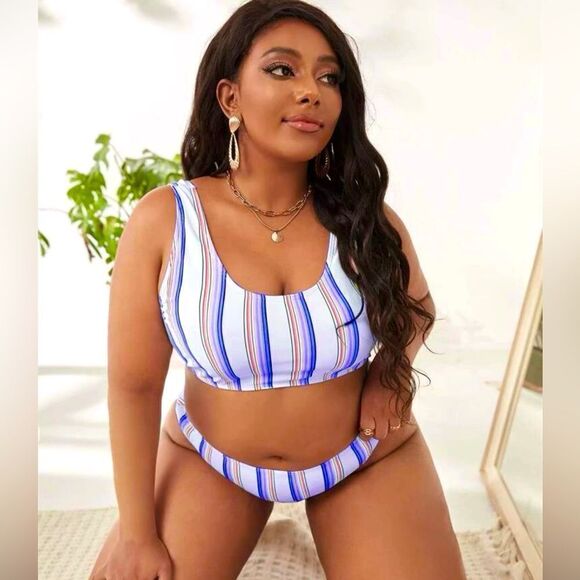 Shein Plus Striped High Waisted Bikini Swimsuit - Picture 1 of 4